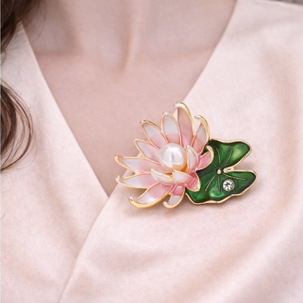 Pink Lotus Pearl Brooch with Green Leaf and Gold Accents